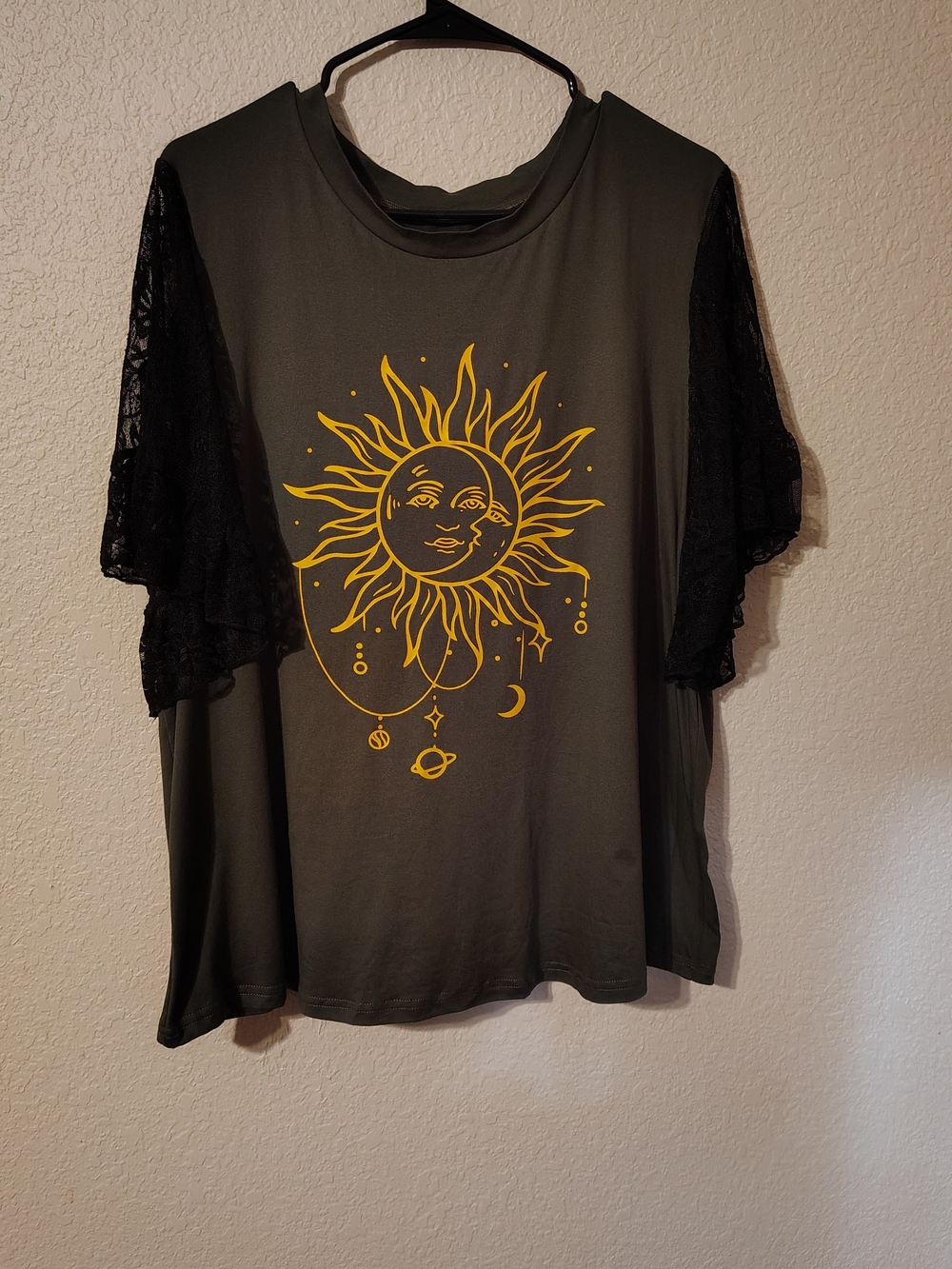 SHEIN Olive Green Tee with Yellow Sun Graphic and Black Lace Sleeves